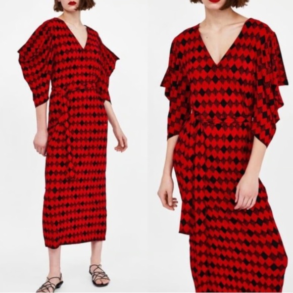 NWT Zara Red Black Belted Tie Geometric Argyle Pattern Chic Maxi‎ Dress Small S - Picture 1 of 7